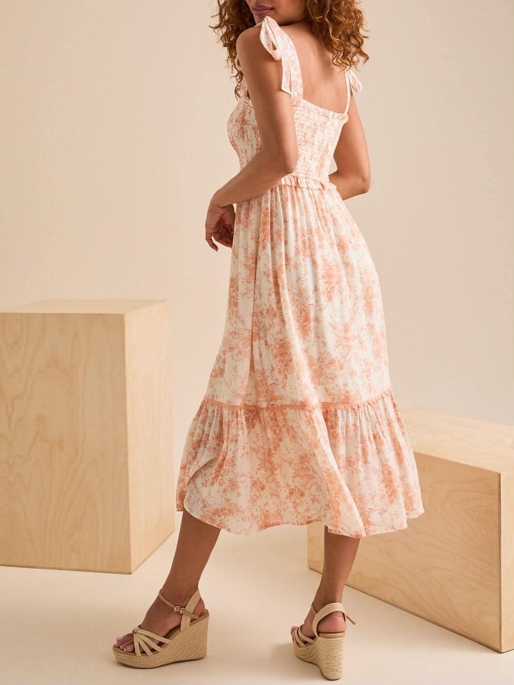 Altar'd State Cream and Peach Floral Tie-Shoulder Maxi Dress